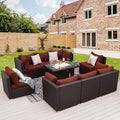 NICESOUL Modern 9 Pcs Patio Sectional Sofa Set with Fire Pit Natural Gas/Propane, Extra Large Outdoor Furniture Sets, 29.3'' High Back Deep Seats Conversations 8 Seater, Brown Rattan and Red Cushion