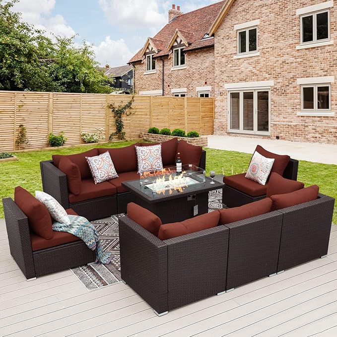 NICESOUL Modern 9 Pcs Patio Sectional Sofa Set with Fire Pit Natural Gas/Propane, Extra Large Outdoor Furniture Sets, 29.3'' High Back Deep Seats Conversations 8 Seater, Brown Rattan and Red Cushion