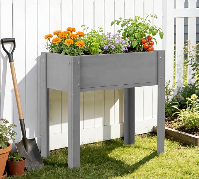 Raised Garden Bed with Legs, 31x16x31'', Outdoor Wood Elevated Planter Box, Grey Cedar, Thick Legs, w/Liner
