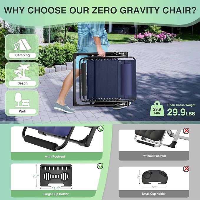 Suteck Oversized Zero Gravity Chair,33In XXL Outdoor Recliner Chair w/Removable Cushion&Headrest, Camping Lounge Chair w/Upgraded Lock&Footrest, Reclining Patio Chairs for Indoor Outdoor,500LBS