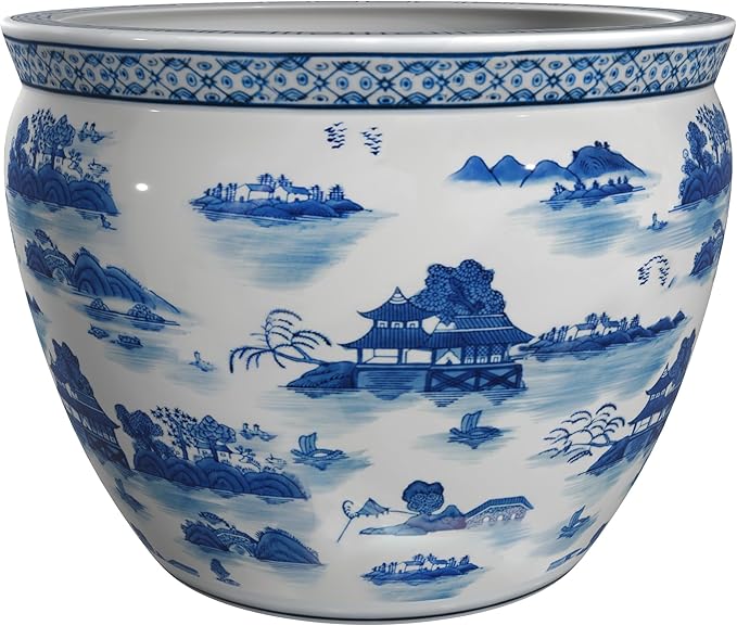 Red Lantern 16" Landscape Blue & White Porcelain Fishbowl Planter or Cachepot for Indoor/Outdoor Use in Garden Entryway Living Room Boho Eclectic Modern Contemporary Classic Traditional Style Decor