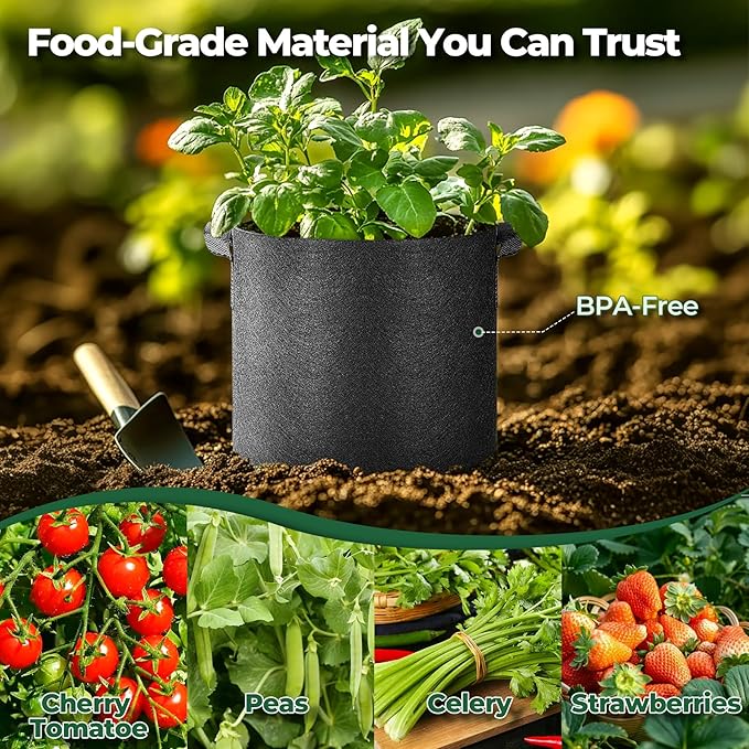 T4U 5 Gallon Grow Bags, Upgrade Grow Bags with Handles, Heavy Duty Thickened Nonwoven Fabric Pots, 5 Gallon Pots for Plants, Strawberry, Cherry Tomatoes (10 Pack)