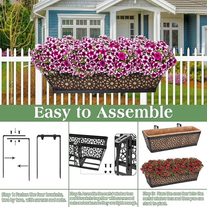 Halatool 4Pack 30 Inch Window Box with Coco Liner Sturdy Metal Railing Planter with Coconut Coir Basket Liners for Window Deck Fence Porch and Patio Outdoor Indoor Lawn