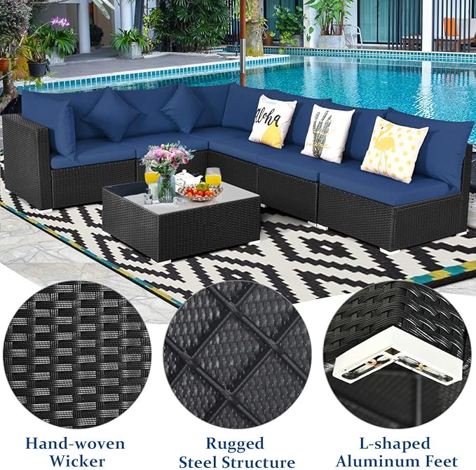Tangkula 7-Piece Patio Furniture Set, Outdoor Sectional Wicker Sofa with Pillows and Cushions, Conversation Set with Coffee Table & Tea Table for Garden, Lawn (Navy Blue)