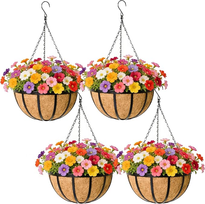 Black Flat Iron Metal Hanging Planter Basket with Coco Coir Liner(4 Pack, 16 Inch) Hanging Planters for Outdoor Plants Round Plant Flower Pots Hanging Flower Basket for Outdoor Patio Garden Decoration