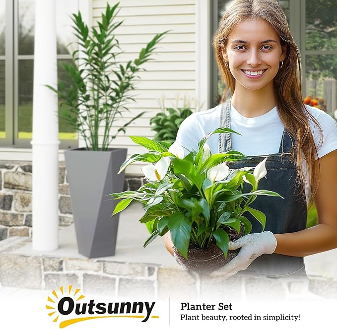Outsunny Set of 3 Tall Planters, 28.75", 24.5", 20.5", MgO Indoor Outdoor Planters with Drainage Holes, Stackable Flower Pots for Garden, Patio, Balcony, Front Door, Gray