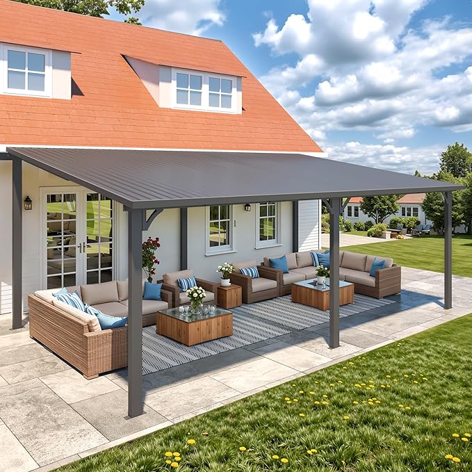AECOJOY 20' x 12' Outdoor Gazebo Hardtop Pergola for Patio, Large 12x20 Galvanized Steel Heavy Duty Lean to Gazebo Wall-Mounted Pergolas and Gazebos Clearance, Metal Patio Roof Awnings for Backyard