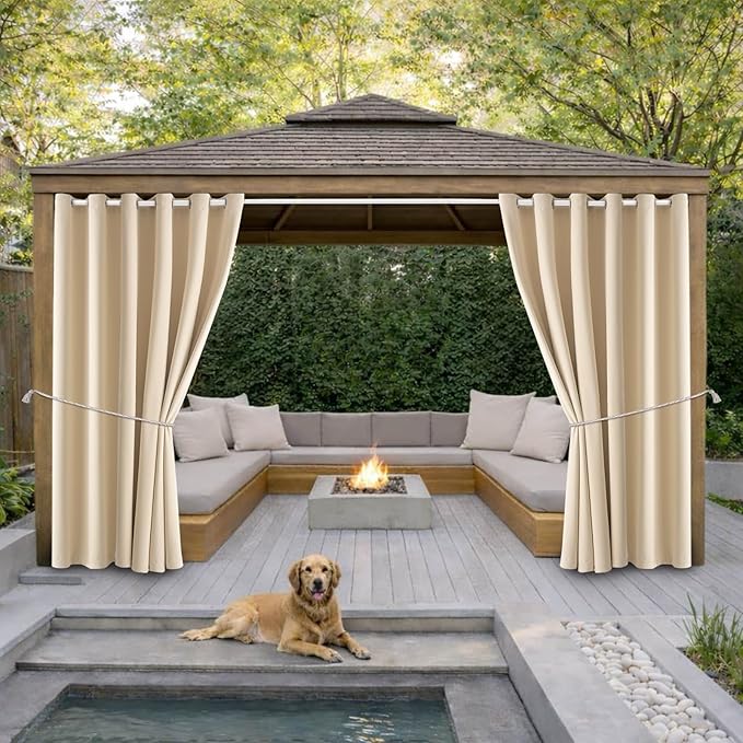 DIVA EN CAMINO DEC Outdoor Patio Curtain Waterproof Darkening Thermal Insulated Indoor Curtains for Bedroom, Porch, Living Room, Pergola, Cabana, W84 x L95, Beige, Set of 2 Panels