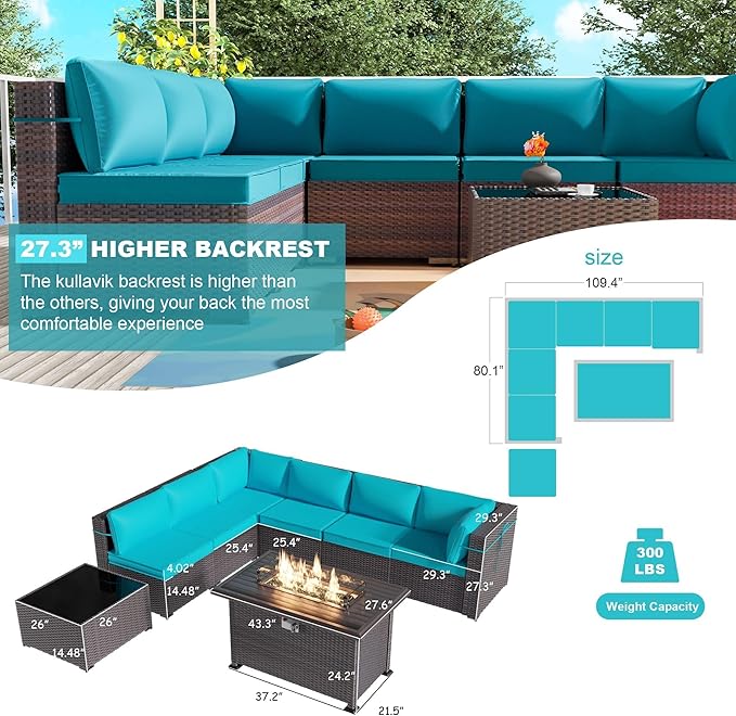 Kullavik 8 Pieces Outdoor Patio Furniture Set with 43" 55000BTU Gas Propane Fire Pit Table PE Wicker Rattan Sectional Sofa Patio Conversation Sets,Blue