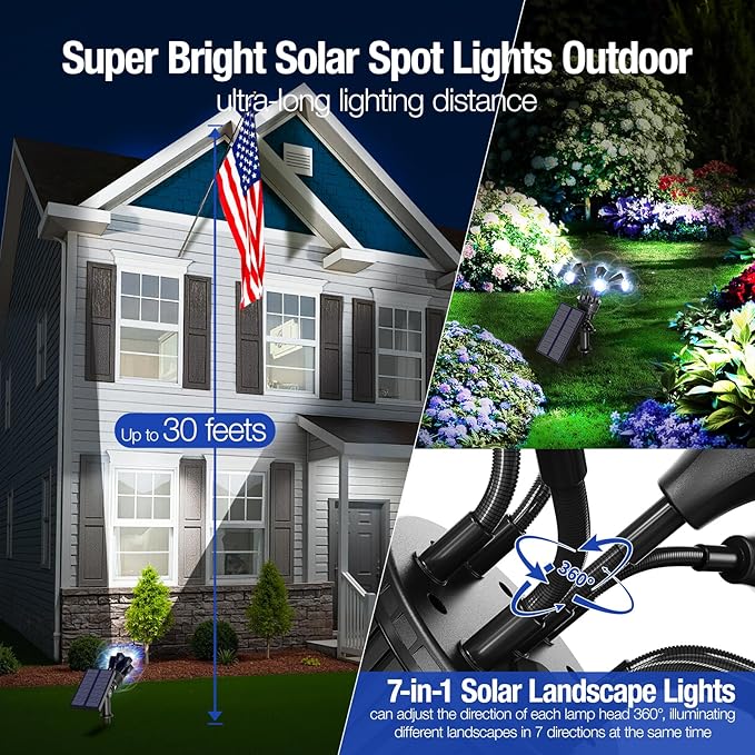 Solar Spot Lights Outdoor 1000LM, IP68 Waterproof Solar Lights Outdoor with 7x360° Adjustable Metal Hose, 4 Lighting Modes Spotlights for Garden Pathway Yard Landscape, 4 Pack (Cool White)