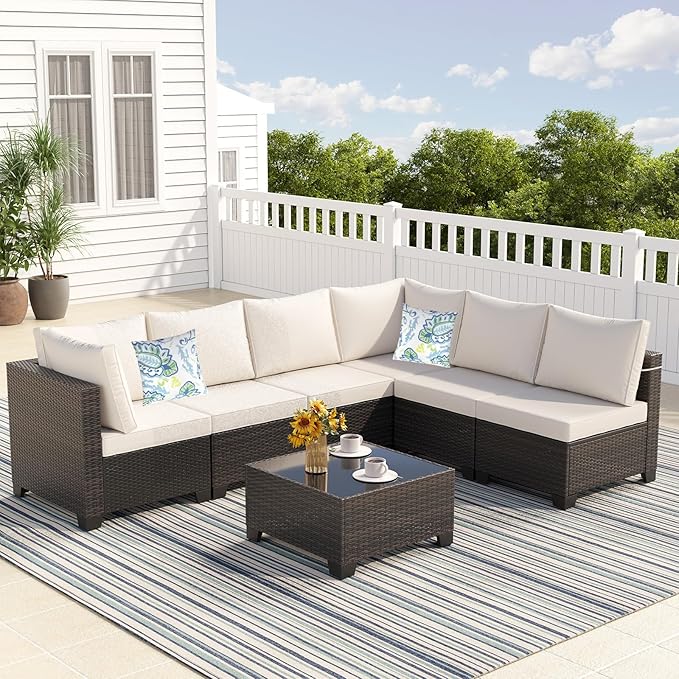 7 Pieces Outdoor Conversation Sectional Rattan Sofa, Patio Furniture Set, with Wicker and Cushions for Garden and Backyard (Brown/Beige)