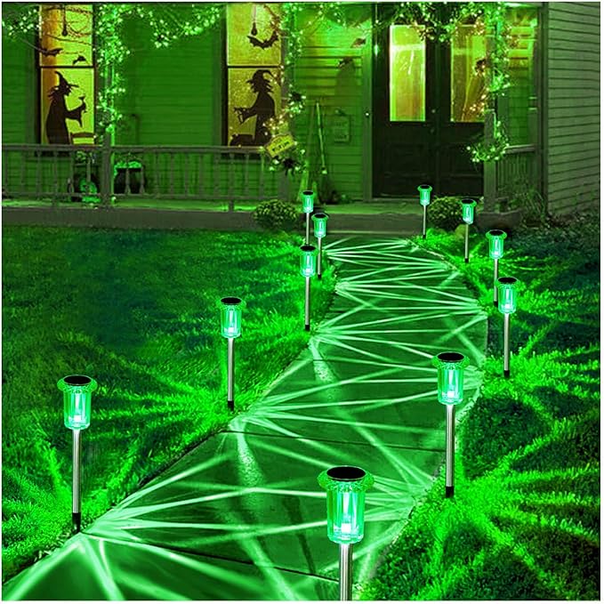 St Patricks Day Decorations Solar Lights Outdoor 10 Pack Solar Pathway Lights Green Halloween Decorations Waterproof Yard Lighting for Driveway Garden Walkway Path Landscape Lawn