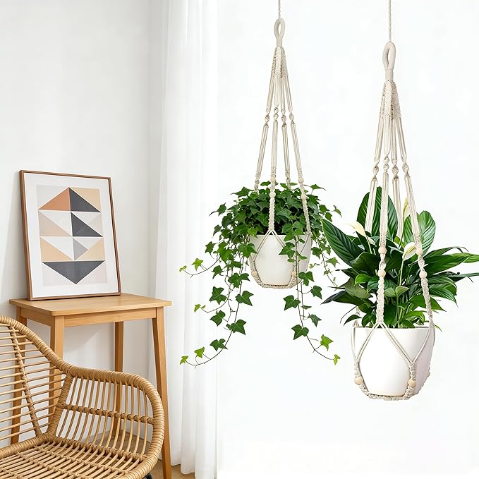 Macrame Plant Hanger Set of 2, 35 Inch Indoor Hanging Planter with 4 Hooks, Macrame Plant Hangers for Pots, No Tassels Boho Home Decor, Ivory (Pots Not Included)