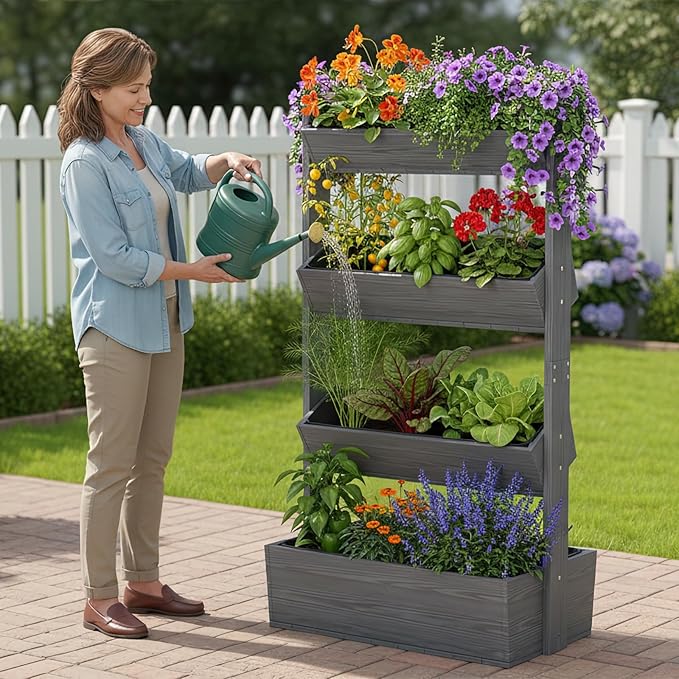 Wooden Vertical Raised Garden Bed, 4 Tier Garden Planters Raised Beds Freestanding Plant Stand Flower Rack Wooden Planter Box for Plants Herbs Flowers Vegetables Outdoor Indoor Gardening