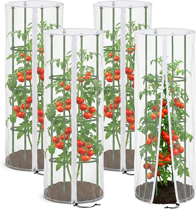 4 Pcs Garden Bird Netting Cover for Round Tomato Cage, 59" x 18" Tomato Trellis Insect Barrier Protection Mesh, Plant Cage Garden Net Cover with Zipper for Vertical Climbing Plants Vegetables Fruits