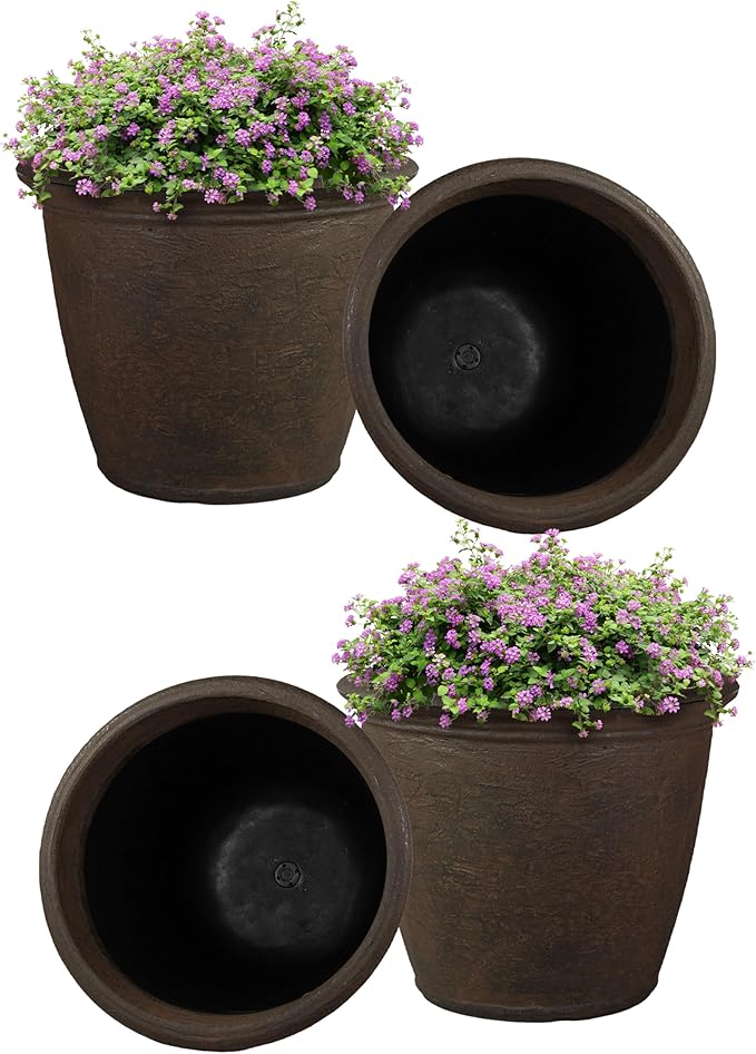 Sunnydaze 20-Inch Anjelica Large Plastic Pot for Plants - Outdoor Double-Walled Large Plastic Planter with Drillable Drainage Holes - Sable - 4pk