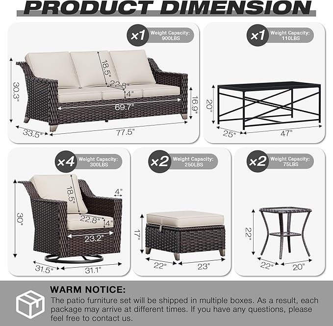Joyside Wicker Patio Furniture Sets, 10 Pieces Upgraded Large Size Outdoor Furniture with 4 Swivel Rocking Patio Chairs, 3-Seat Sofa, Outdoor Ottoman, Thick Cushions, Wide Armrest, Beige