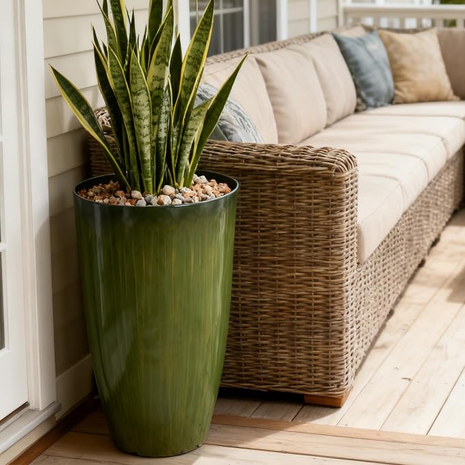 Worth Garden 23.5" H. Large Plastic Planters - Set of 2 Gradient Green Glossy Smooth Finish - Tall Plant Pots for Indoor & Outdoor Use - Decorative Lightweight Flower Pots for Front Porch, Patio, Deck