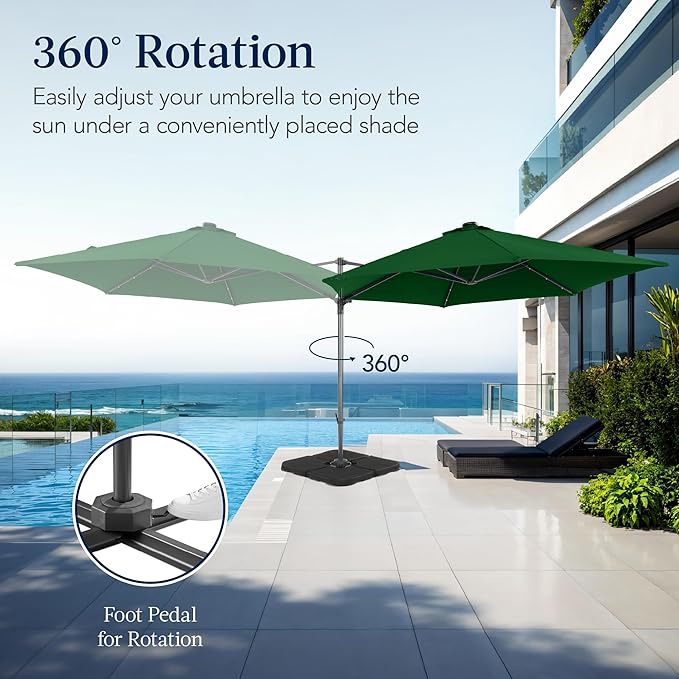 Best Choice Products 10ft Solar LED Offset Cantilever Hanging Market Patio Umbrella, Smooth 360° Rotation, 8 Sturdy Ribs, Easy Adjustment - Green