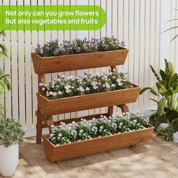 3-Tiers Wooden Raised Garden Bed Tiered Planter Box Flower Pots Vertical Garden Planter Wood Plant Stand for Vegetables Flowers Herbs for Patio, Balcony, Freestanding (Brown L)