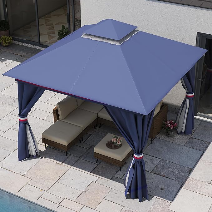 LAUSAINT HOME Semi-Permanent Outdoor Patio Gazebo 10'x10', Heavy Duty Party Tent Shelter with Double Roofs, Mosquito Nettings and Privacy Screens for Backyard, Garden, Lawn, Classic Blue