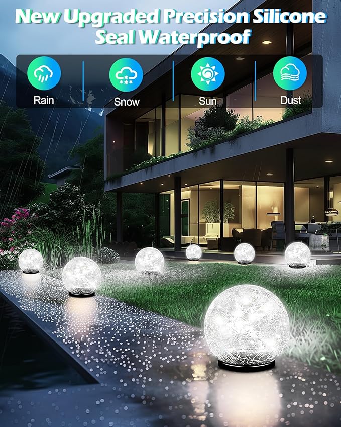 Coroor Garden Solar Ball Lights Outdoor Waterproof, 80 LED Cracked Glass Globe Ground Lights for Path Yard Patio Lawn, Outdoor Decoration Landscape White (2 Pack 5.9'')