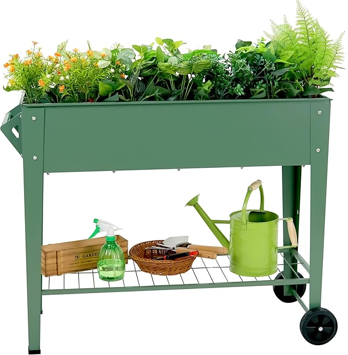 Raised Garden Bed with Legs and Wheels Removable for Outdoor, 31.6 * 14.6'' Metal Planter Raised Box for Growing Vegetables Herb Flower in Patio (Green)