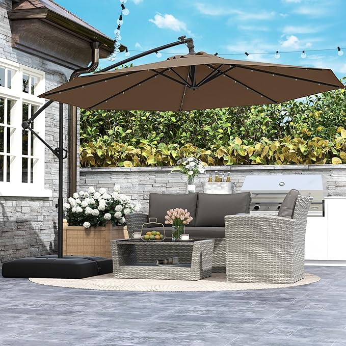 Tangkula 10ft Solar LED Patio Umbrella with Base, Offset Cantilever Outdoor Umbrella with 32 LED Lights, Infinite Tilt, 360 Degree Rotation, Crank Handle for Pool Deck Garden Backyard (Tan)