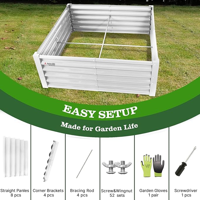 A ANLEOLIFE 4X4X1.5 ft Galvanized Raised Garden Beds Outdoor, Square Metal Planter Box for Planting Vegetables Flowers Herb, Anti-Rust & Easy-Setup, Antique White