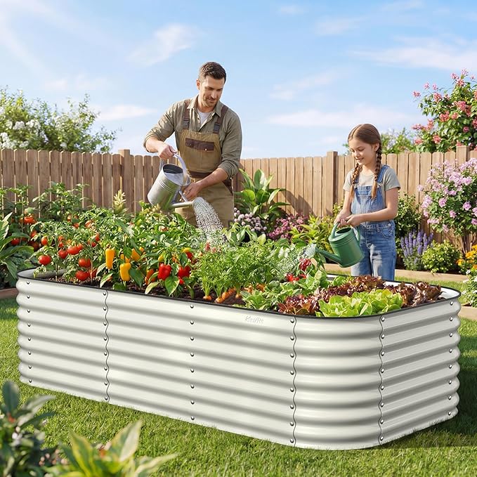 Kesfitt Raised Garden Bed Outdoor, Galvanized Steel Metal Raised Bed Planter for Vegetables & Garden, 24-Inch Deep Open Bottom Backyard Bed 8x4x2 ft, Pearl White