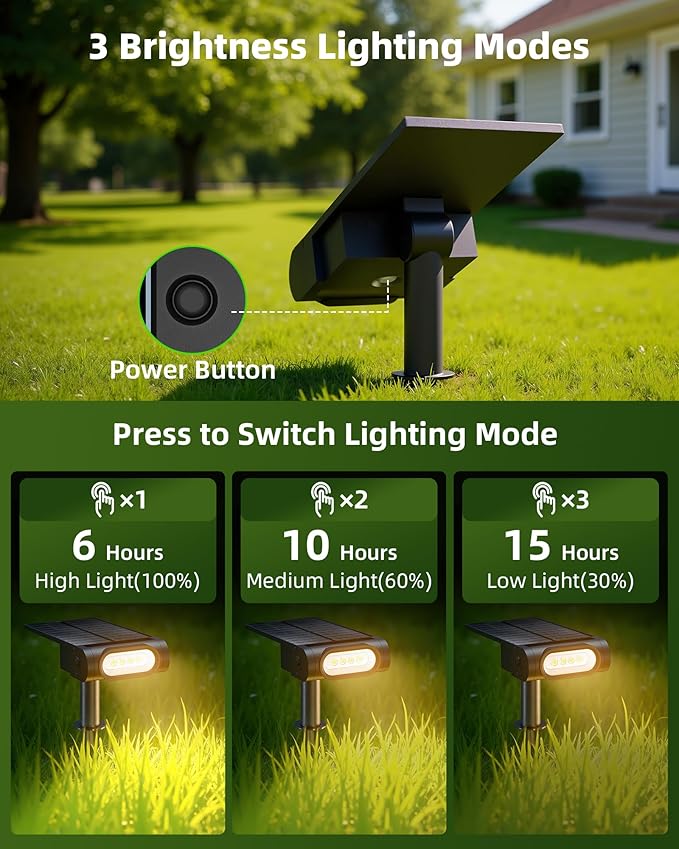 EZVALO Solar Spot Lights Outdoor IP67 Waterproof, Adjustable Solar Landscape Lights, 3 Lighting Modes Solar Spotlights for Outside Yard Garden Plant Trees Pathway Flag (Warm White-6Pack)