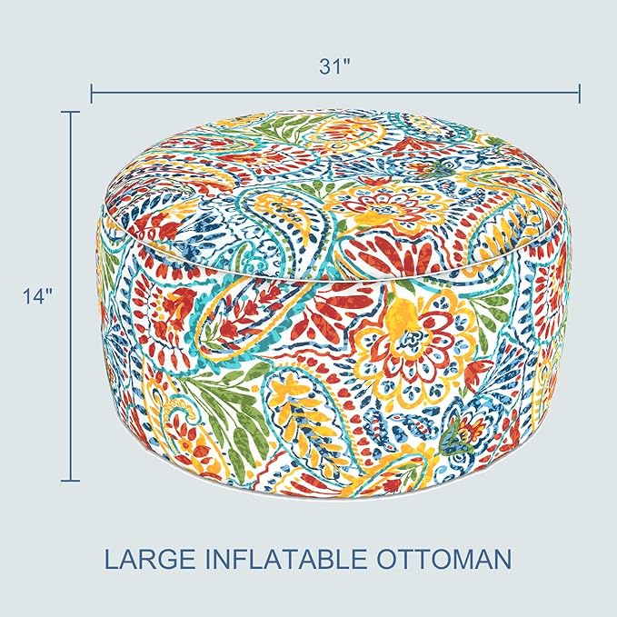 LVTXIII Indoor/Outdoor Extra Large Inflatable Ottoman Pouf D31 x H14 Inch, Round Footstool with Handle, Weather-Resistant Portable Furniture for Patio, Camping, Beach, Paisley Multi