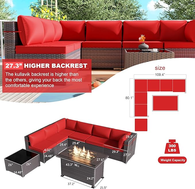 Kullavik 8 Pieces Outdoor Patio Furniture Set with 43" 55000BTU Gas Propane Fire Pit Table PE Wicker Rattan Sectional Sofa Patio Conversation Sets,Red
