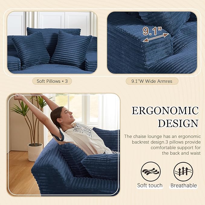 80 Inch Chaise Lounge Chair Indoor, Oversized Corduroy Upholstered Boneless Sofa Bed, Deep Seat Sleeper Couch Reading Chairs, Cloud Sofas Couches for Living Room, No Assembly Required (Blue)