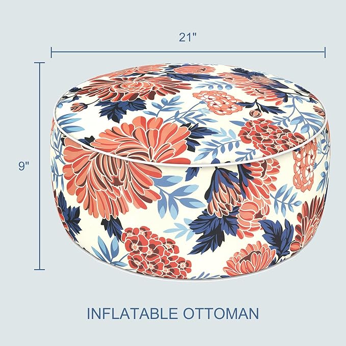 LVTXIII Indoor/Outdoor Inflatable Ottoman with Handle D21 x H9 Inch, Weather-Resistant Round Footstool Pouf for Patio Camping Living Room, Portable Footrest Extra Seating, Vibrant Blossom