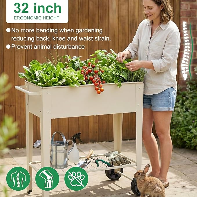 Elevated 32" Tall Raised Garden Bed with Legs and Wheels for Mobility, Metal Planter Boxes Outdoor with Shelf, Raised Bed for Gardening Vegetables/Herbs, Backyard, Patio, Balcony, White