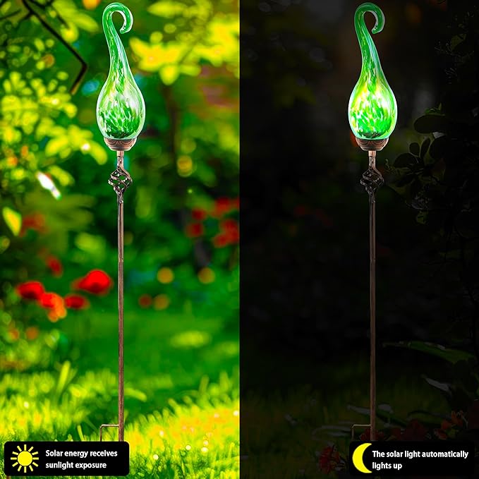 Garden Solar Lights Outdoor, Decorative LED Pearlized Glass Spiral Garden Stake with Finial, Hand Blown Glass and Metal Outdoor Decoration, 3 x 36 Inch (Green)