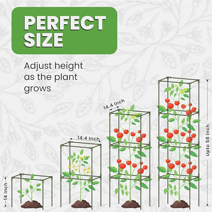 Tomato Cage Square - Large Trellis Stakes and Plant Support Structures for Vegetables and Climbing Plants - Tall Tomato Cages for Garden, Pots, Raised Garden Bed Outdoor Supplies (3 Pack - Up to 58")