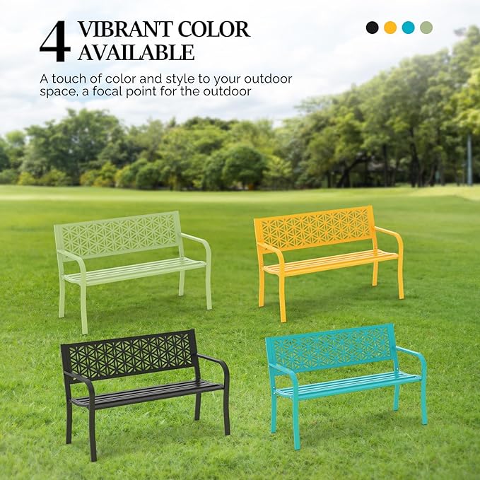 VINGLI 50" Outdoor Bench Metal with Floral Back, Garden Bench Front Porch Benches for Yard Patio Entryway Park, 800lb Capacity - Blue