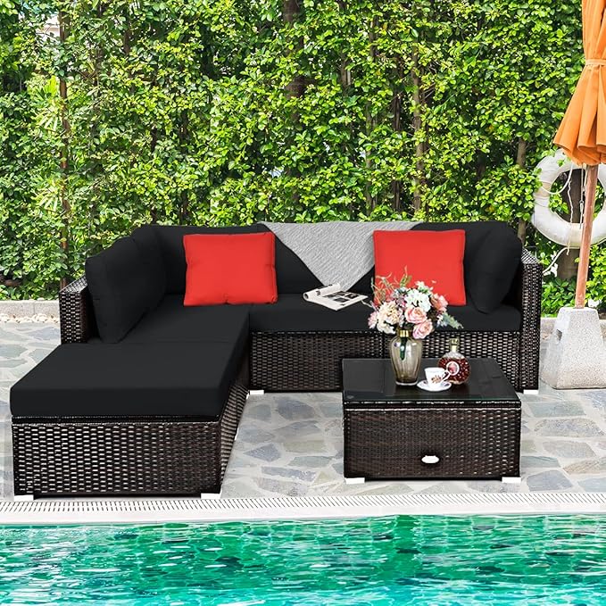 Tangkula 6 Piece Patio Furniture Set, Outdoor Deck Lawn Backyard Durable Steel Frame PE Rattan Wicker Sectional Sofa Set, Conversation Set with Coffee Table (Black)