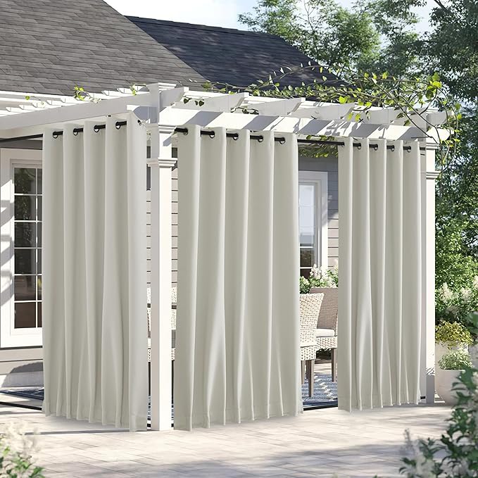 NICETOWN 2 Panels Outdoor Curtains for Patio Waterproof & Windproof, Thermal Insulated Top & Bottom Grommet & Back Tab Sun Blocking Outdoor Drapes with Fixed Rope for Gazebo, Natural, W66 x L90