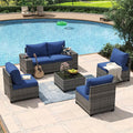 Aoxun 6 Piece Patio Furniture Set with Wide Armrests Wicker Rattan Outdoor Sectional Sofa Set with Coffee Table and Thickened Cushions, Grey/Blue(Waterproof Cover Included)