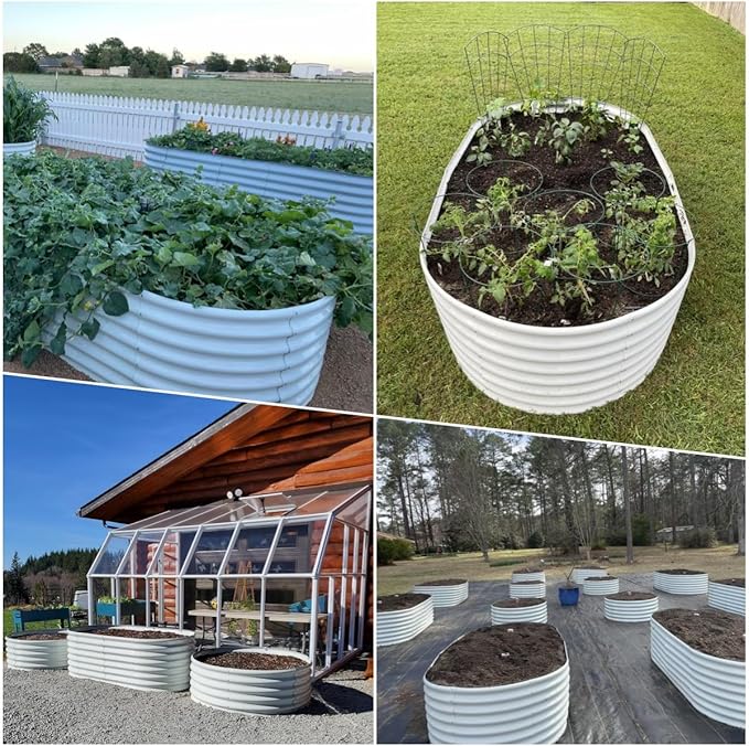 A ANLEOLIFE 12-Set 8X4X2 ft Galvanized Raised Garden Bed Kit, Oval Metal Deep Root Planters for Outdoor Plants, Antique White