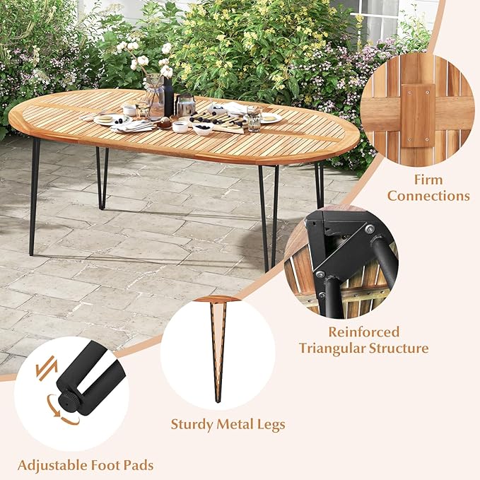 Tangkula 79" Large Patio Dining Table for 6, Acacia Wood 6-Person Dining Table with 2.5" Umbrella Hole & Metal Legs & Adjustable Foot Pads, Oval Outside Table for Garden, Poolside & Backyard