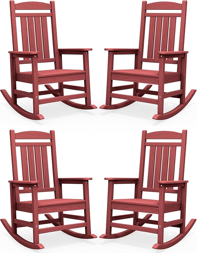 SERWALL Patio Rocking Chairs Set of 4, HDPE Outdoor Rockers for Adults, Oversized All-Weather Porch Rocking Chairs, Red