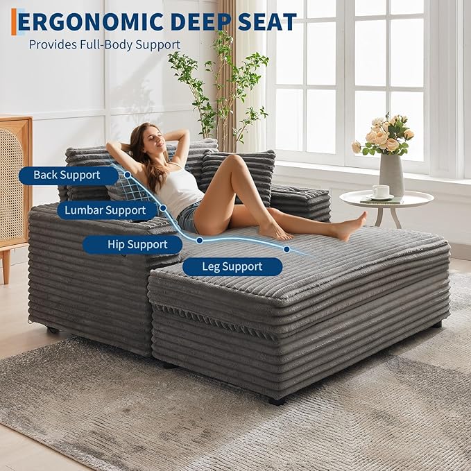 GarveeHome 60-inch Oversized Chaise Lounge Chair Indoor, Comfy Corduroy Lounge Sofa with Charging Station, Cup Holders & Throw Pillows, Cozy Sleeper Couch for Living Room Apartments, Grey