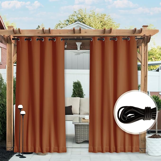 NICETOWN 2 Panels Weighted Blackout Outdoor Curtains for Patio Waterproof, Grommet & Back Tab on top and Bottom Windproof Privacy Thermal Drapes for Gazebo with Fixed Rope, W52 x L95, Burnt Orange