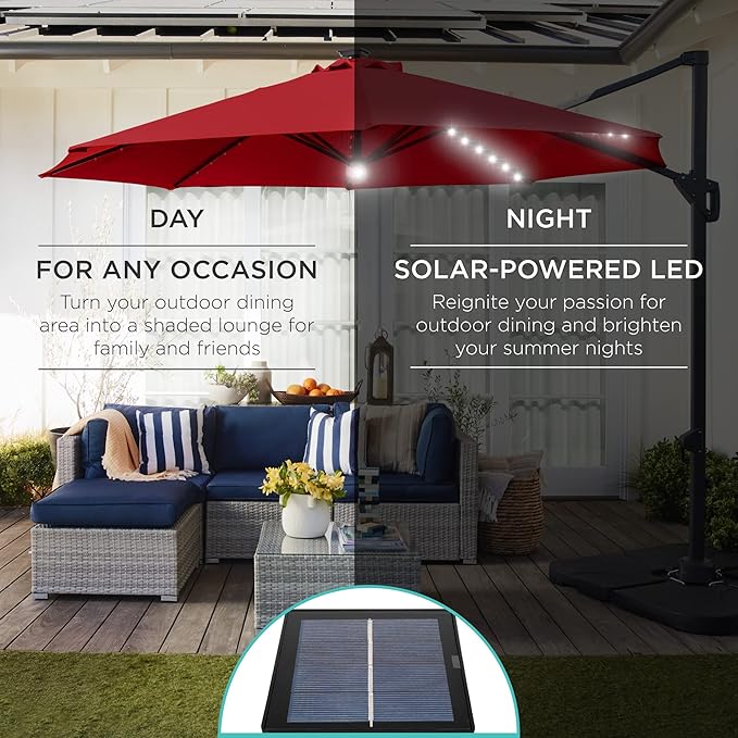 Best Choice Products 10ft Solar LED Cantilever Patio Umbrella, 360-Degree Rotation Hanging Offset Market Outdoor Sun Shade for Backyard, Deck, Poolside w/Lights, Easy Tilt, Cross Base