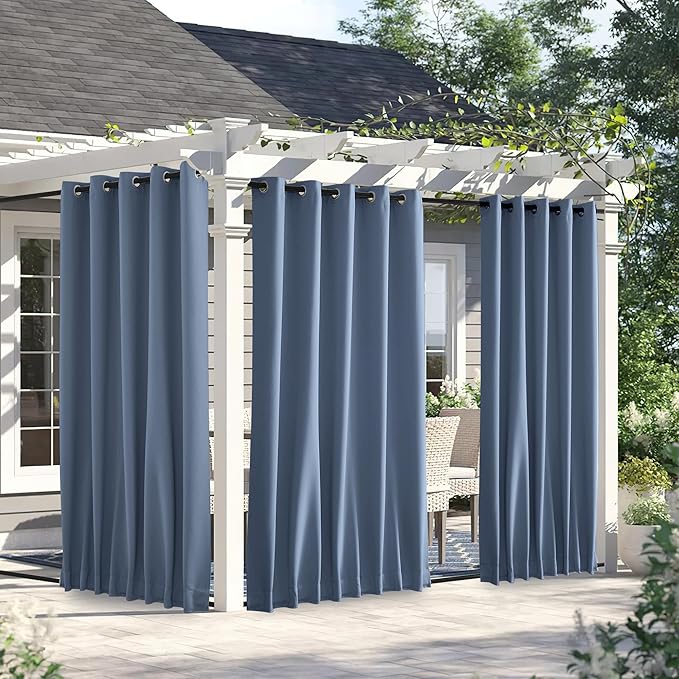 NICETOWN 2 Panels Weighted Outdoor Curtains for Patio Waterproof, Thermal Insulated Grommet & Back Tab on Top & Bottom Windproof Sun Blocking Draperies for Gazebo with Rope, Stone Blue, W66 x L84