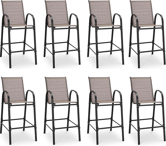 HOMREST Outdoor Bar Height Stools Set of 8,High Back Patio Chairs with Armrests,Textilene Chairs with Breathable Fabric & Metal Frame for All Weather,Taupe
